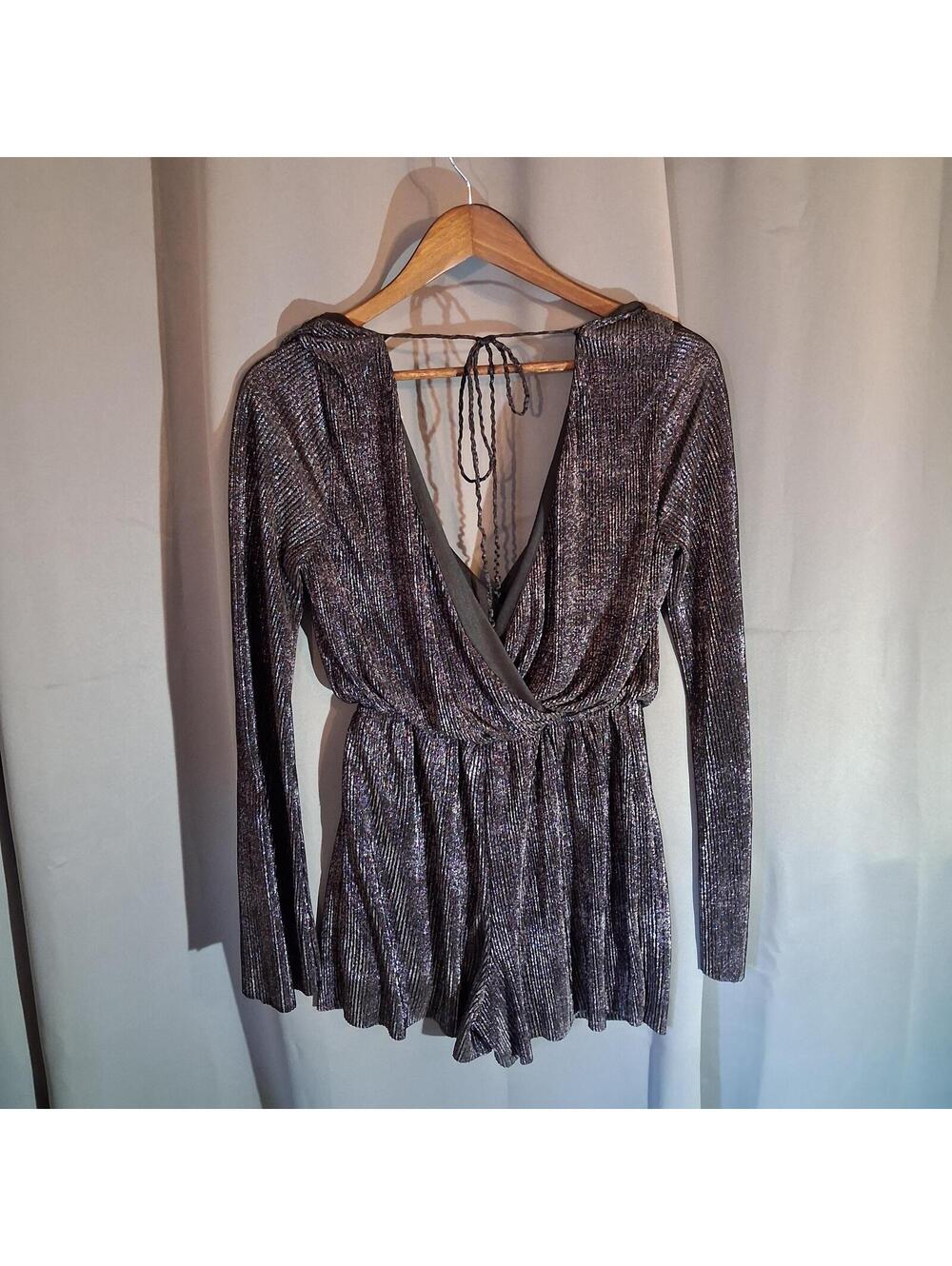 Metallic Silver Long Sleeve Romper with Deep V-Neck